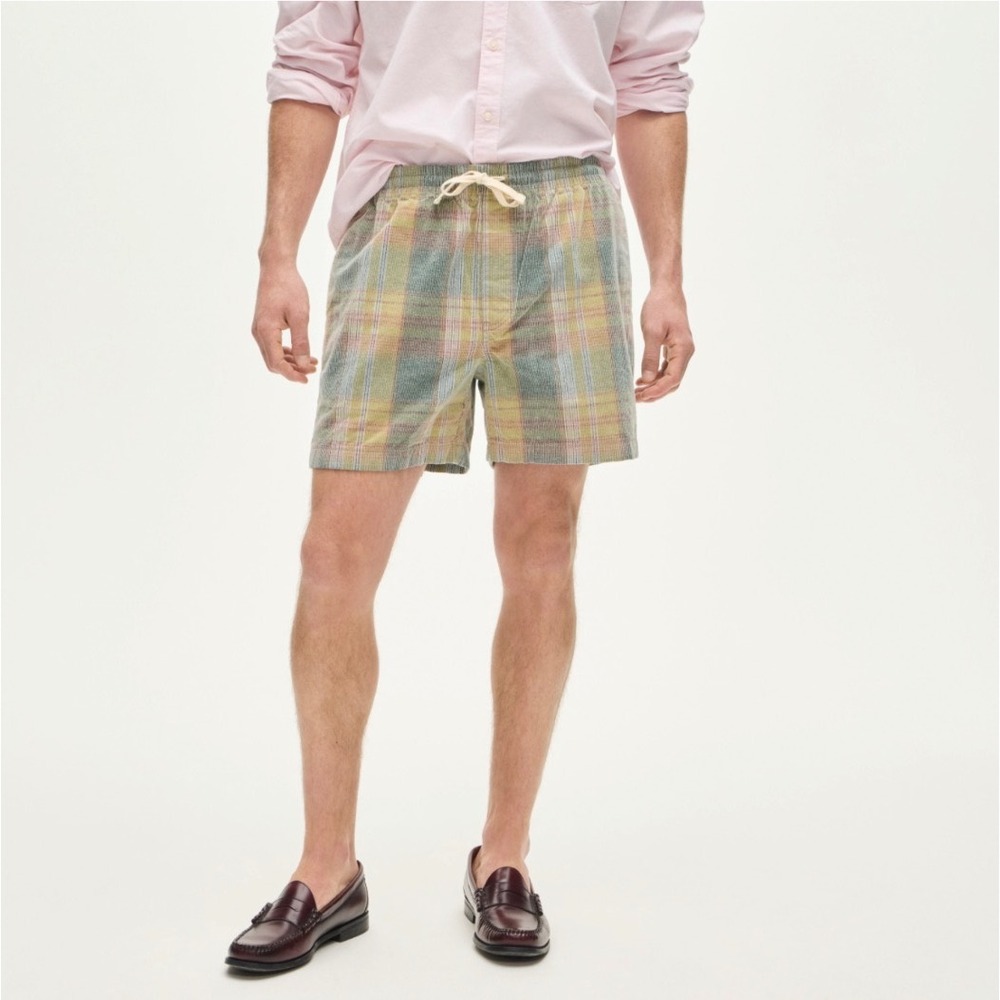 J.Crew 5" Everyday Drawstring Short Mens L Green Plaid Corduroy Elastic Waist